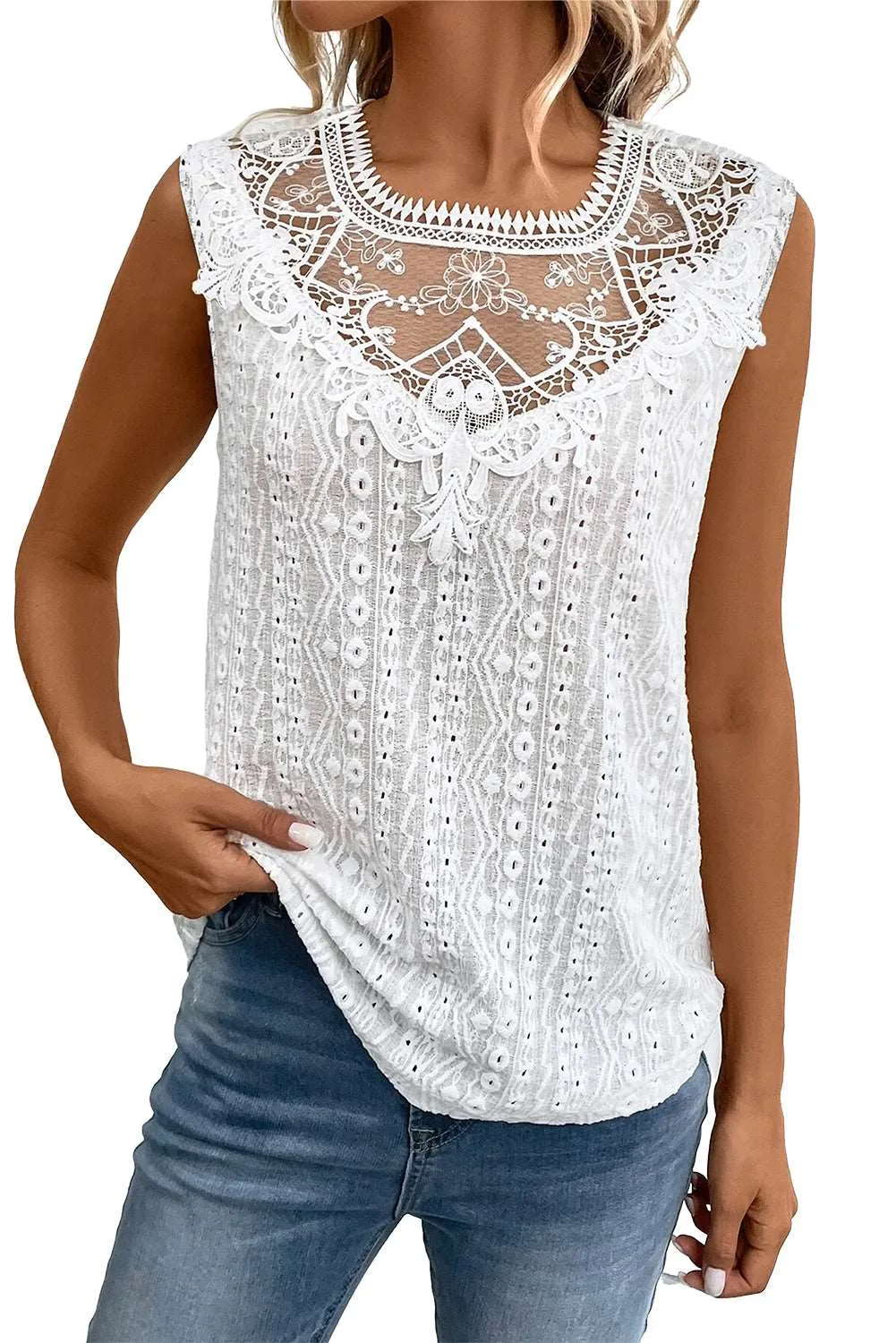 Apricot Guipure Lace Crochet Keyhole Back Sleeveless Top