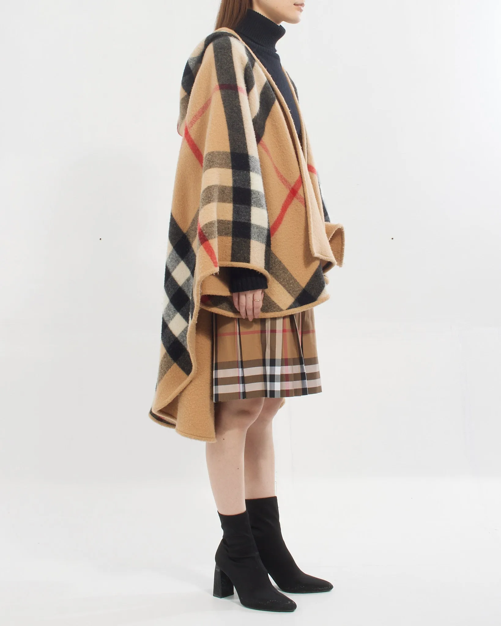 Burberry Beige Check Print Hooded Reversible Cape Shawl