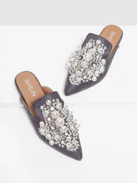 Faux Pearl Decorated Flat Mules