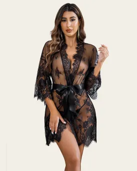 Lace Kimono Robe Lingerie Mesh Nightgown