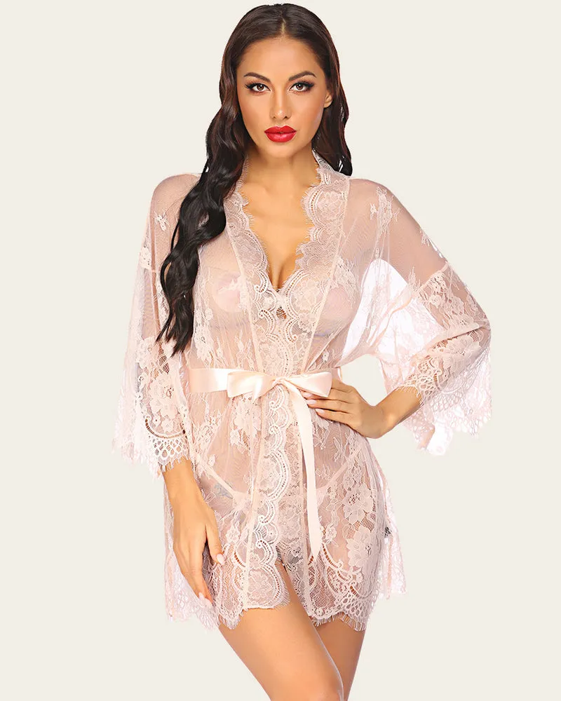 Lace Kimono Robe Lingerie Mesh Nightgown