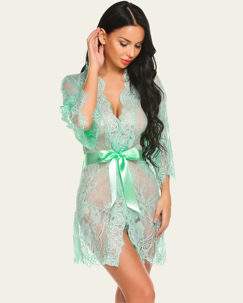 Lace Kimono Robe Lingerie Mesh Nightgown