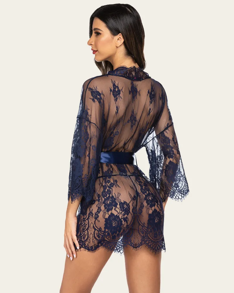 Lace Kimono Robe Lingerie Mesh Nightgown