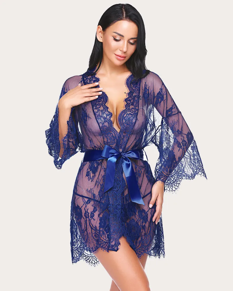 Lace Kimono Robe Lingerie Mesh Nightgown