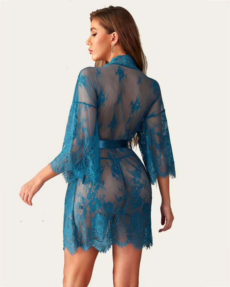 Lace Kimono Robe Lingerie Mesh Nightgown