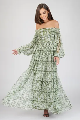 Lana Green Floral Printed Tulle Dress