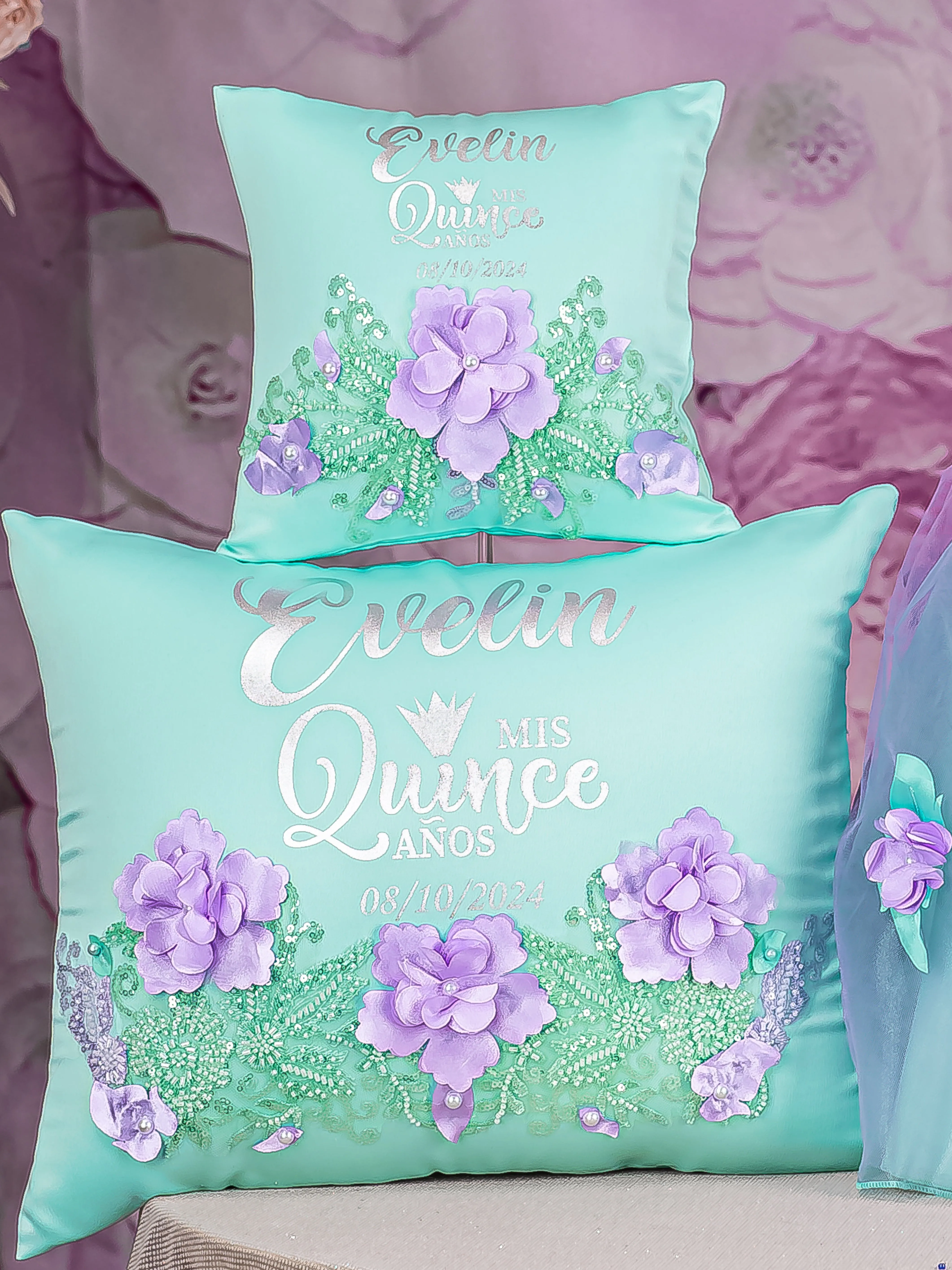 Mint Lilac quinceanera kneeling pillow, shoes pillow