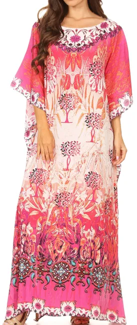 Sakkas Jabari Long Kaftan Dress with Boat-neck Floral Paisley Print & Rhinestones